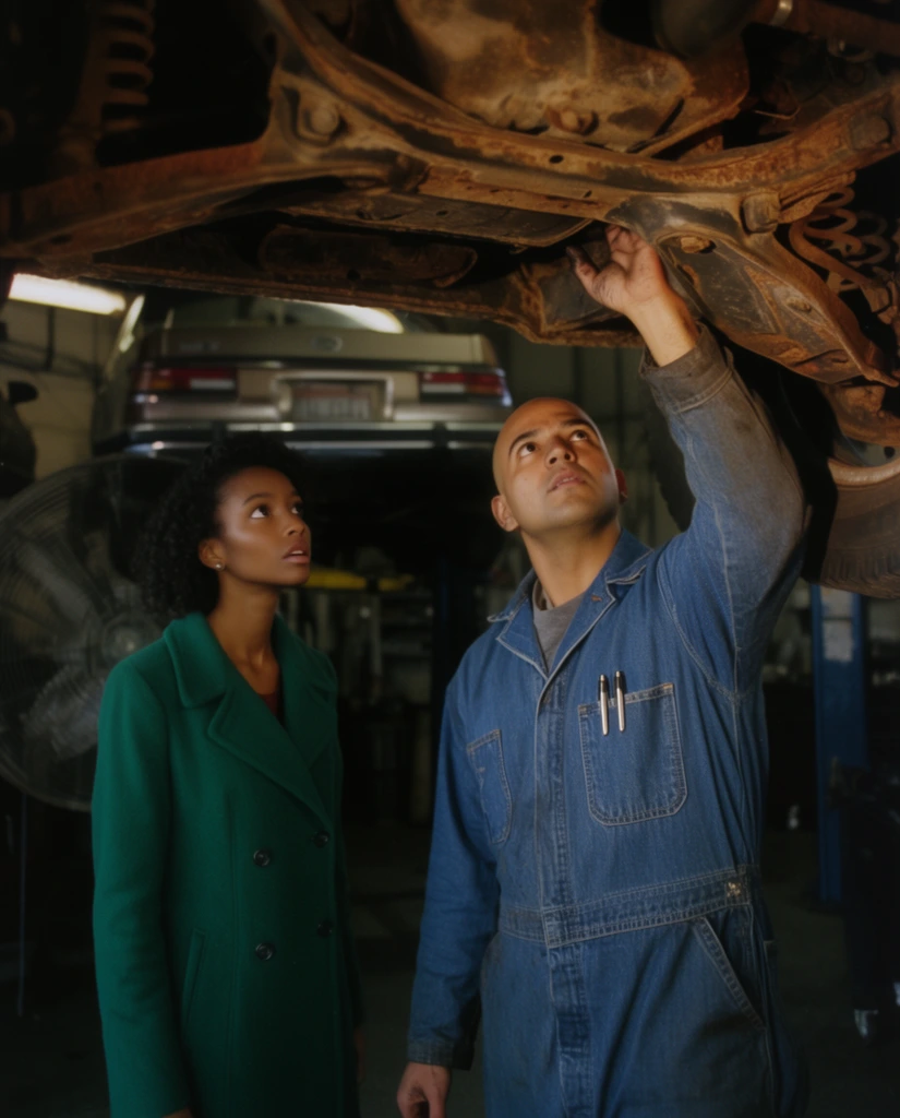 A bald Hispanic mechanic in blue denim coveralls works beneath a raised vehicle while a slender Black woman in an emerald green coat looks on intently. The mechanic reaches up to inspect the rusted undercarriage, his face illuminated by warm, directional shop lights. Two metal pens are tucked into his breast pocket. Beside him, the woman stands with a concerned expression, gazing upward toward the workspace. The setting is a dimly lit automotive repair shop with another car elevated on a hydraulic lift in the softly blurred background. A large industrial wall fan rests in the shadows behind them. The cinematic 35mm film composition utilizes a low-angle perspective to emphasize the heavy machinery overhead, creating a stark visual contrast between the elegant customer and the gritty industrial garage.