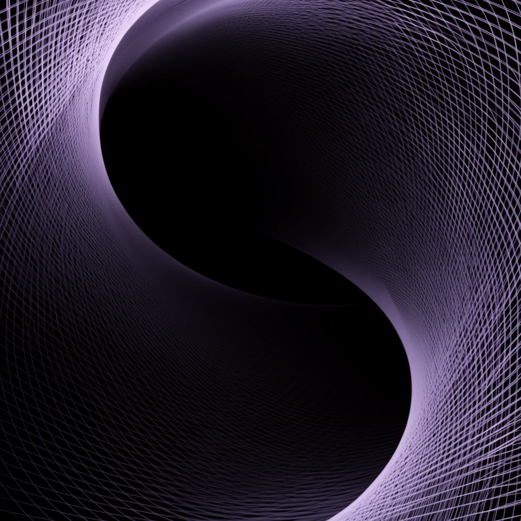 A twisting abstract vortex composed of glowing pale purple wireframe lines against a pitch-black void. Densely intersecting filaments curve inward, framing a sweeping S-shaped central chasm. Delicate moiré patterns emerge from the overlapping luminous threads, with sharply focused foreground lines gracefully fading into deep shadow to emphasize smooth mathematical curvature and three-dimensional depth.