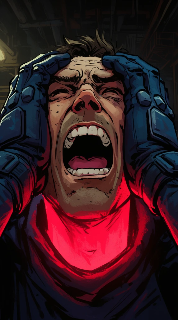 A stylized low-angle close-up of a screaming man frantically clutching his head in extreme agony. His wide-open mouth reveals clenched teeth and a strained tongue. His hands, encased in thick armored dark blue gloves with segmented padding, press tightly against his temples. An intense neon red light radiates from his neck, harshly illuminating his lower jaw against the dark environment. The dimly lit background features an out-of-focus industrial setting with faint metal structures and pipes. The scene utilizes a graphic comic book aesthetic with thick black contour lines, rough painted textures, and dramatic high-contrast lighting.