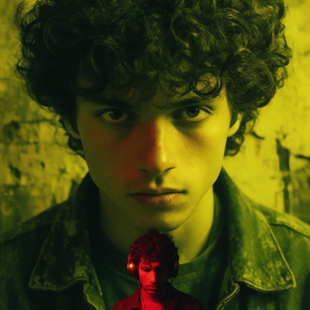 close-up portrait, young man with curly hair and intense stare, vivid yellow-green duotone lighting, small figure with headphones in red light, gritty background