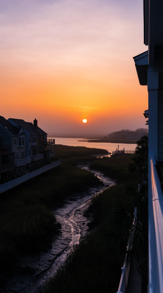 vibrant sunset over a coastal marsh, glowing sun on a hazy horizon, orange and pale purple gradient sky, elevated perspective, multi-story townhomes with balconies in deep shadow, meandering muddy tidal creek cutting through dark marsh grass, calm inlet waters in the distance, small wooden pier, silhouetted palm trees, white balcony railing in the right foreground, atmospheric landscape photography