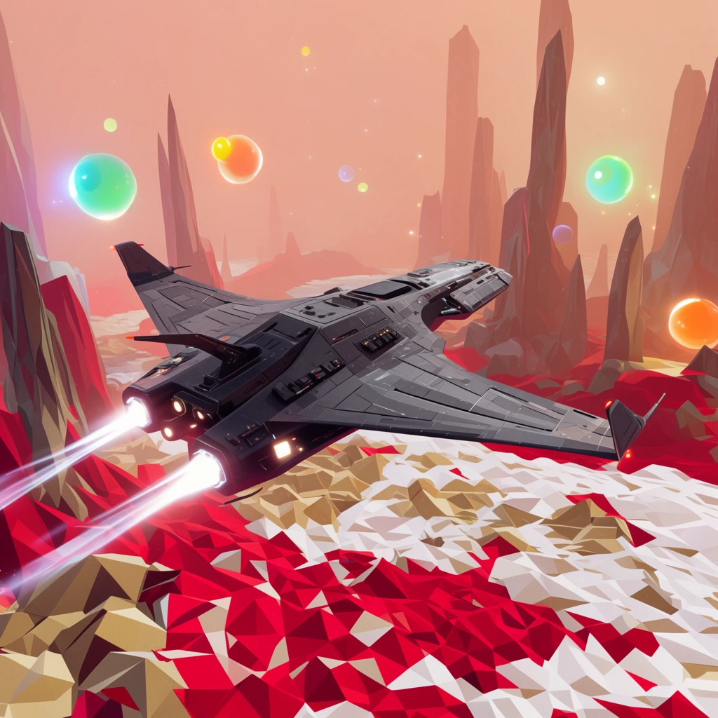 dark grey sci-fi spaceship mid-flight, swept-back wings with glowing thrusters emitting white light trails, low-poly alien landscape, faceted geometric terrain in crimson white and tan, towering jagged rock pillars, hazy peach atmosphere, floating luminous orbs in green blue and orange, dynamic perspective, stylized 3D render, retro-futuristic concept art