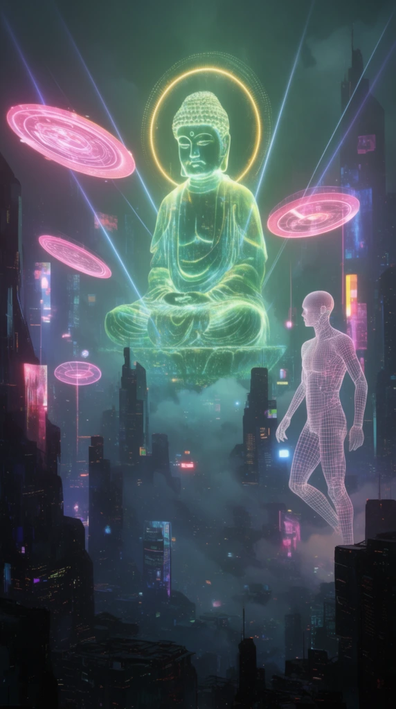 Futuristic cityscape at night, massive glowing holograms, giant green Buddha figure with halo, walking wireframe humanoid, floating pink holographic disks, laser beams in fog, dark skyscraper silhouettes, neon lighting, volumetric atmosphere, digital concept art