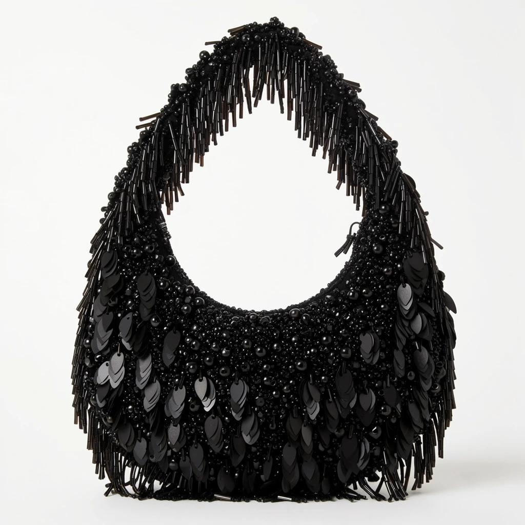 A densely embellished, crescent-shaped black handbag rests against a stark white studio background. The surface is entirely encrusted with a rich mix of textures, featuring tiny black seed beads, glossy spherical beads, and layered matte black leaf-shaped sequins. Clusters of long, stiff tubular bugle bead fringe cascade down the body and thick integrated shoulder strap. High-end product photography with bright, even lighting and sharp focus highlights the varied light-catching qualities of the monochrome materials, anchored by a soft shadow on the seamless floor.