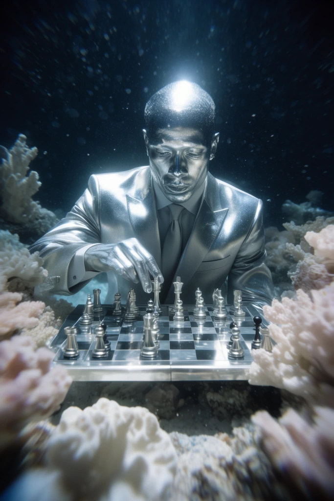 A metallic silver man in a suit plays chess underwater amidst pale coral. Radiant lighting highlights his focused face and the reflective chessboard. A heavy radial blur draws the eye center against a dark background with floating particles in this surreal cinematic composition.