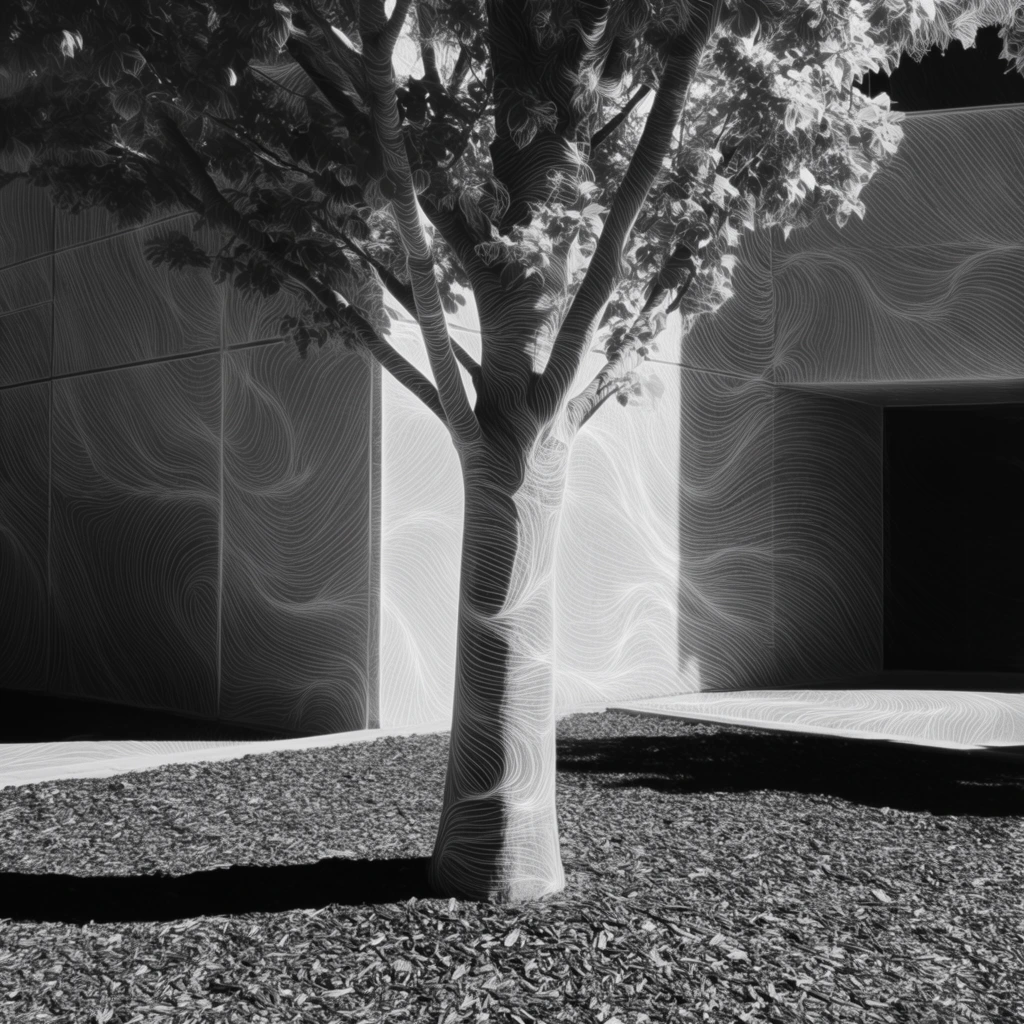 A tree standing within a mulch bed in front of an office building facade, rendered in a stark, high-contrast black and white palette. A pervasive, intricate overlay of fine, continuous, swirling white lines covers every surface of the scene, mapping over the three-dimensional forms like luminous topographic contours or fingerprint ridges. These delicate, sweeping striations curve and wrap precisely around the cylindrical tree trunk, the textured mulch pieces, the foliage, and the flat, geometric architectural planes of the background building. Intense, highly directional light streams from one side, brilliantly illuminating the rhythmic line work on the bright surfaces and generating a radiant, etched visual effect across the environment. The tree and the textured mulch cast long, opaque, solid black shadows with hard, razor-sharp edges stretching heavily across the ground. The overarching aesthetic merges realistic dimensional structures with a surreal, highly structured graphic-line rendering technique, emphasizing extreme chiaroscuro and fluid, sweeping linear textures throughout the minimalist composition.