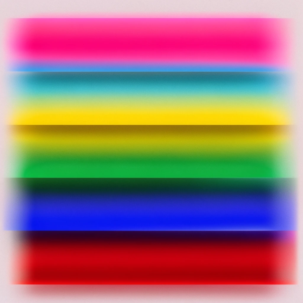 Vibrant, blurred horizontal color bands form an abstract composition set against a light background. Intense gradients of neon pink, cyan, bright yellow, emerald green, royal blue, and deep crimson smear horizontally across distinct, layered strips. The colors bleed seamlessly into one another along the horizontal axis within each band, maintaining sharp vertical separation between rows. Subtle drop shadows beneath the strips create shallow depth, resembling physical ribbons or stacked translucent panels. The visual features a smooth motion blur combined with a fine granular noise texture, evoking analog video glitches or long-exposure light painting. A soft, off-white margin frames the edges, emphasizing the high-contrast, hyper-saturated color palette.