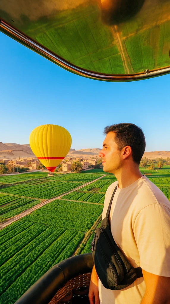 A male passenger stands inside a hot air balloon basket overlooking vibrant green agricultural fields and a distant desert village. Viewed in profile facing left, the man wears a light beige t-shirt and a black cross-body bag, his face bathed in warm golden sunlight. The padded black rim of the basket anchors the bottom frame, while a curved metallic overhead structure reflects the lush landscape below. In the midground, a bright yellow hot air balloon with a red equatorial stripe floats above a patchwork of deep green crop rows and dirt paths. The background reveals sand-colored buildings clustered near palm trees at the foot of arid, rolling desert hills under a clear blue sky. Wide-angle photography captures highly saturated colors, crisp morning shadows, and a vast sense of scale contrasting the close-up subject with the expansive horizon.