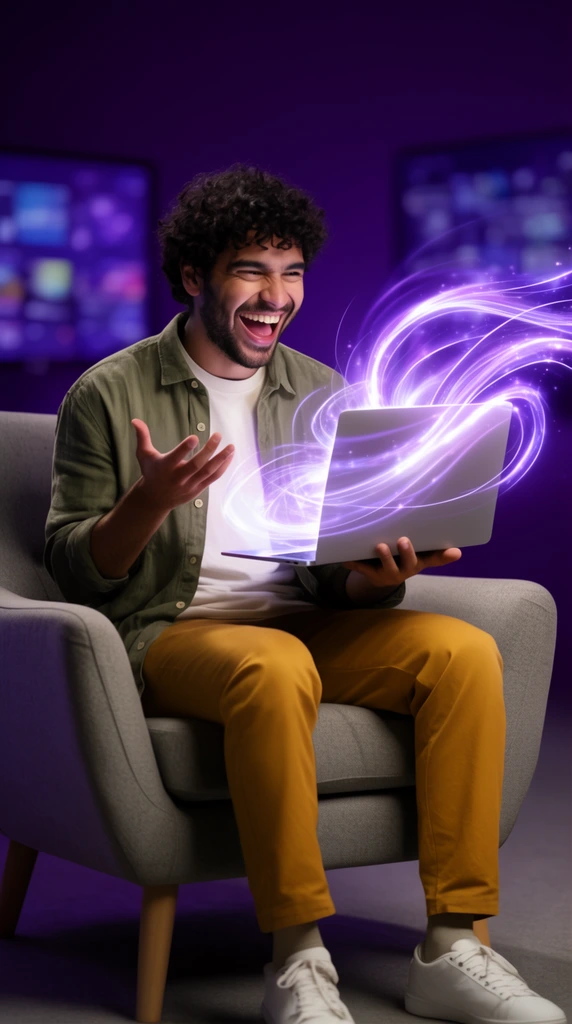 A young man with dark curly hair and a beard sits in a grey armchair, laughing excitedly while holding a silver laptop. He wears an open olive-green shirt over a white t-shirt, mustard trousers, and white sneakers. His right hand gestures outward in joy. Luminous purple and white swirling light trails erupt from the laptop screen, wrapping around the device in a dynamic, magical display. The background is a moody, deep purple studio setting with softly blurred digital screens.