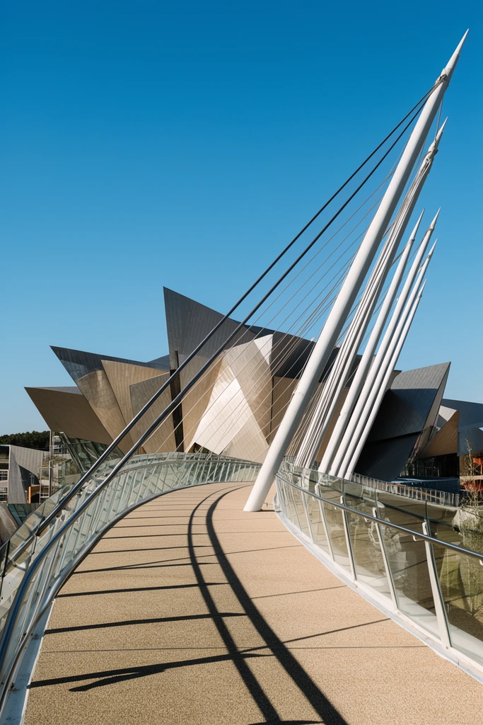 curved pedestrian suspension bridge, tall white angled masts fanning outward, steel tension cables, textured beige walkway, glass railings, strong linear shadows, striking deconstructivist building with sharp metallic intersecting shards in background, clear azure sky, bright daylight, sharp architectural photography