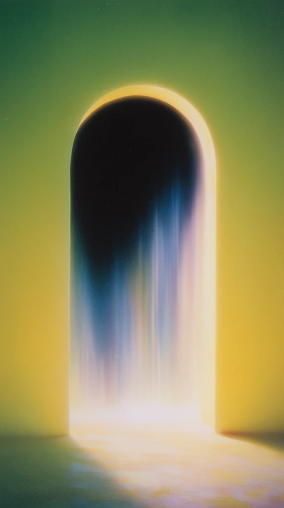 glowing arched portal in smooth yellow-green gradient wall, ethereal cascading light inside dark void, vintage airbrush surrealism, soft dreamy atmosphere