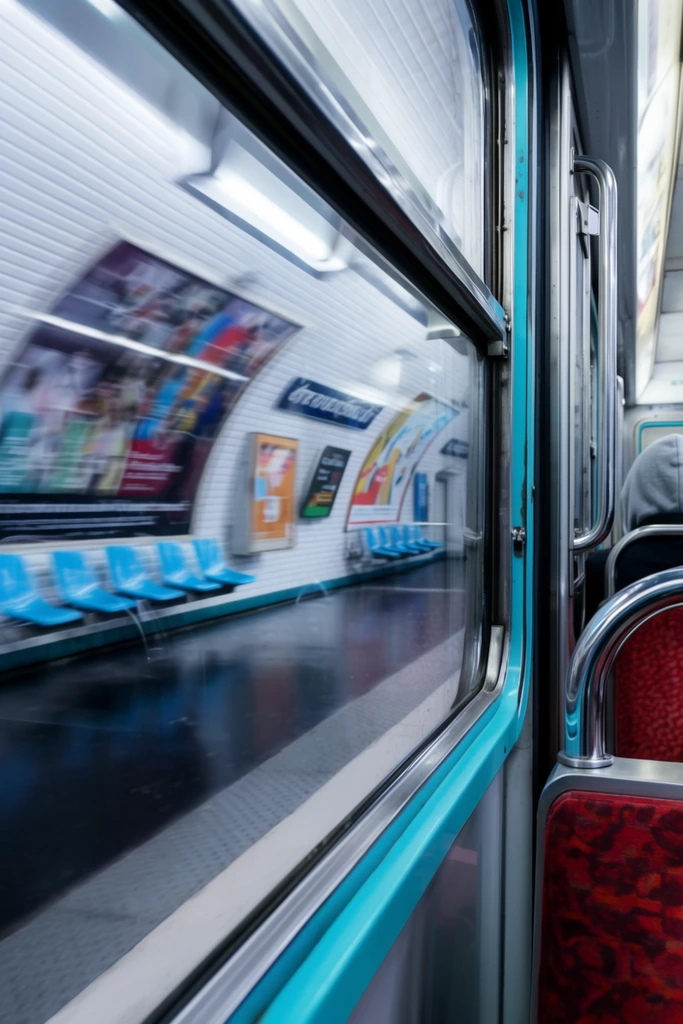 view through a moving subway train window at a blurred station platform, metal frame with bright turquoise trim, white tiled arched walls rushing past with blurred colorful panels, blue plastic seats on a dark glossy floor, glass reflections, train interior on the right showing shiny metal grab rails and a red patterned seat, partial view of a hooded passenger, cool artificial lighting, dynamic motion blur, urban transit