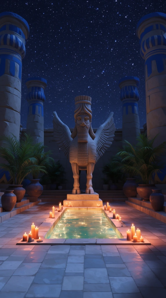 A stylized nighttime view of an ancient courtyard centers on a winged lamassu statue behind a glowing reflecting pool. Massive stone pillars with blue accents frame the composition under a dense starry sky. Warm orange candlelight illuminates the central pool and paved floor, contrasting sharply with deep blue ambient moonlight. Potted palms and large urns rest on stepped terraces in this crisp 3D rendering with wide-angle cinematic lighting.