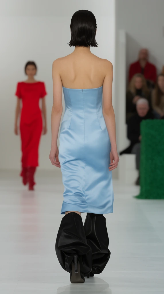 back view of a model on a white runway, strapless light blue satin dress, voluminous black boots, blurred model in red dress, seated audience