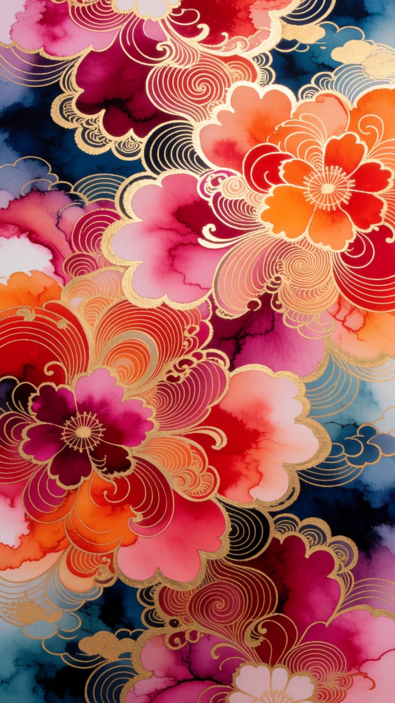 A vibrant abstract composition features a dense arrangement of ornate floral and swirling motifs rendered in a saturated palette of crimson, orange, magenta, and deep indigo. Large, stylized flower petals with soft, bled color transitions occupy the center and left, their edges defined by intricate, hair-thin gold metallic lines that create complex patterns of concentric circles, scalloped edges, and flowing filigree. These metallic outlines overlay organic washes of color, with a dark magenta flower positioned in the lower left among swirling orange and red forms, while a bright orange floral cluster dominates the upper right section. The background consists of a textured wash of navy and teal, occasionally interrupted by faint, golden line drawings of clouds and wave-like shapes. The lighting is even and diffused, emphasizing the reflective quality of the gold linework against the translucent colored areas. The overall artistic style blends traditional decorative elements, similar to Art Nouveau or Japanese screen painting, with fluid media techniques. The composition is vertically oriented and filled edge-to-edge with detailed patterns, creating a sense of rhythmic movement through the use of curved lines and contrasting warm and cool tones.