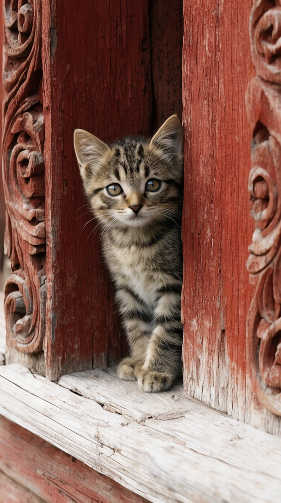 A tabby kitten peeks from behind a weathered reddish-brown wooden panel. The rustic frame features ornate side carvings resting on a cracked light-wood sill. Soft natural light highlights the rough wood grain and the kitten's striped fur as it stares forward.