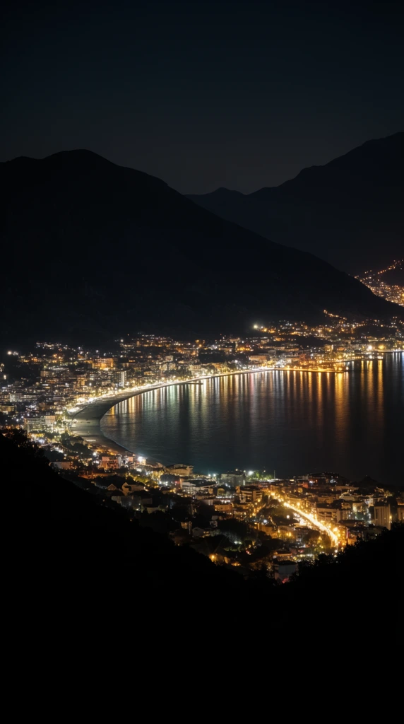 A vibrant coastal city illuminated at night wraps around a dark, curved bay bordered by massive mountainous silhouettes. Dense clusters of warm yellow and white lights line the shoreline, reflecting in long glowing streaks across the calm water, contrasted against a pitch-black sky and deep foreground shadows.