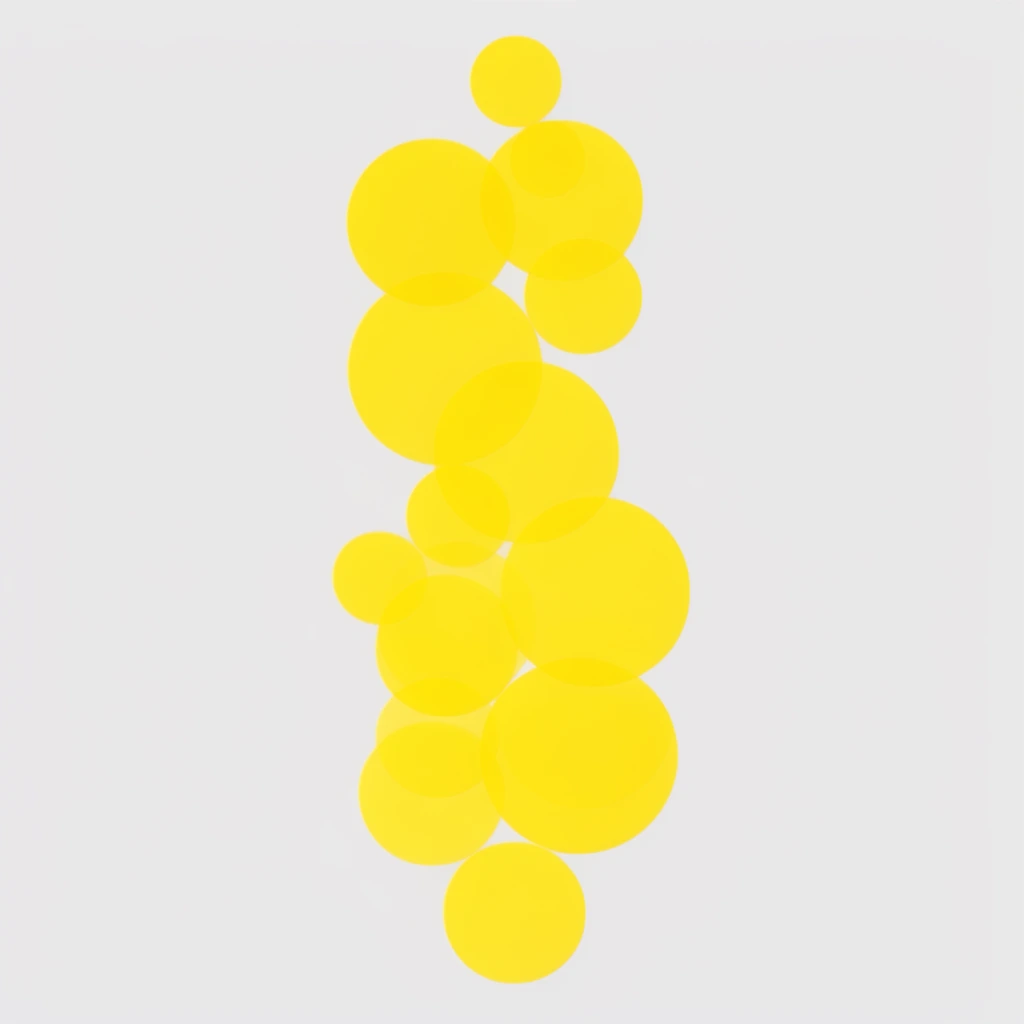 A minimalist abstract graphic composition featuring a vertical column of overlapping, translucent bright yellow circles against a flat pale gray background. The varying-sized geometric dots cluster centrally, creating a crisp modern aesthetic with stark simplicity.