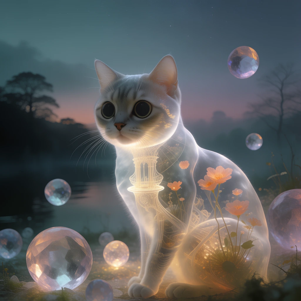 cinematic still of a translucent cat with large round eyes sitting among glowing crystalline spheres, the cat's body is sheer and ethereal with warm orange flowers and golden light structures visible inside its form, set against a dark twilight landscape with a deep navy and teal sky, soft-focus atmospheric haze, ethereal and surreal aesthetic, warm internal luminescence casting a golden glow on the surrounding ground, painterly textures, intricate sheer fabric-like details, dreamlike compositio
