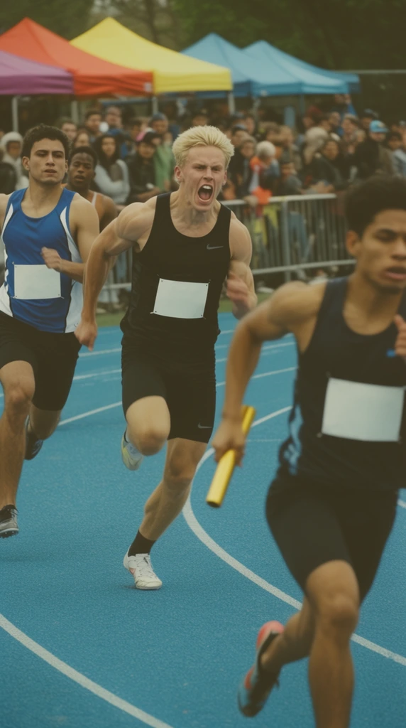 Male athletes sprint furiously along a bright blue running track during an outdoor relay race. In the blurred right foreground, a runner in a dark singlet grips a yellow baton. Directly behind him in sharp focus, a muscular blonde athlete in a black uniform sprints with his mouth wide open in extreme exertion, wearing a blank white race bib. To the left, another competitor in a blue and white top strides powerfully forward. The background reveals a softly blurred crowd of spectators behind a low metal barricade, gathered near vibrantly colored canopy tents. This action sports photography employs a shallow depth of field and a slightly faded film color grading to highlight the intense motion and raw physical energy of the competitors.