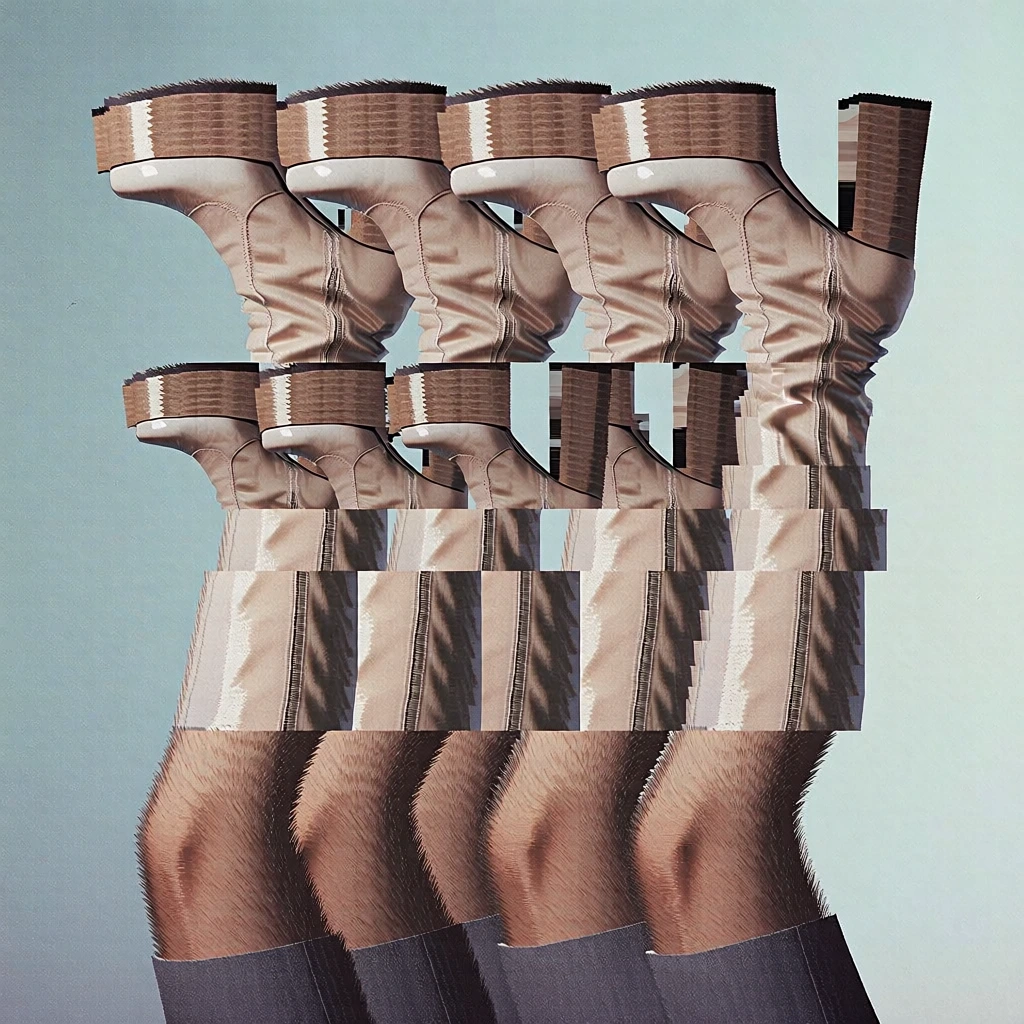 upside down legs in white patent leather platform go-go boots, deconstructed into a fragmented slit-scan collage, staggered horizontal and vertical rectangular offsets, repeating patterns of boot heels and knees, rhythmic geometric displacement, surrealist glitch aesthetic, analog film texture, muted studio lighting, pale cyan background, vintage 1960s fashion photography style, architectural layering of anatomical slices, sharp edges, distorted perspective, minimalist color palette.