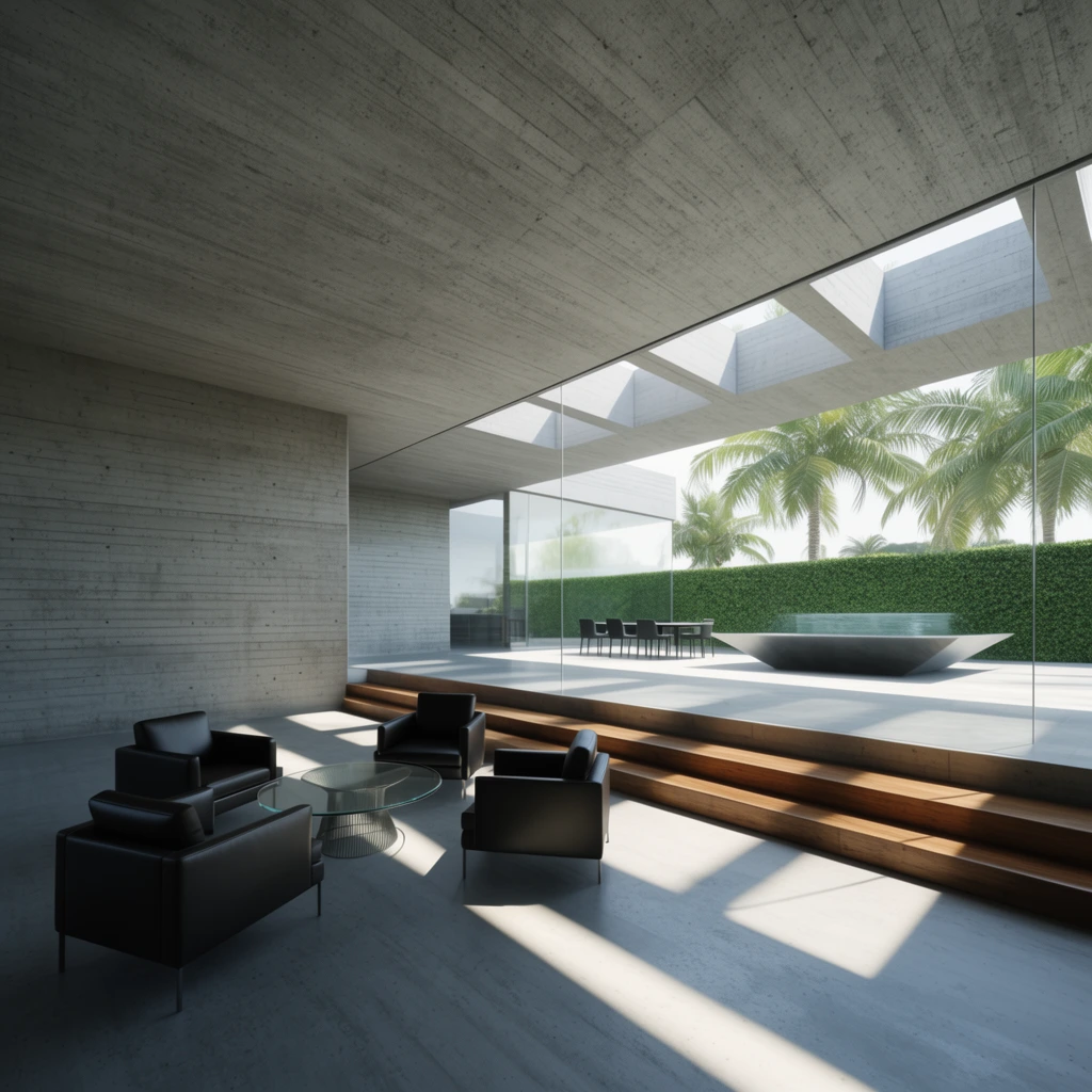 A minimalist board-formed concrete interior features four black leather armchairs around a circular glass table. Sharp diagonal sunlight shadows stretch across the floor. Beyond a wooden step, floor-to-ceiling glass reveals a bright patio with palm trees, a green wall, an angular water basin, and a dining set beneath rectangular skylights. The wide-angle architectural rendering highlights stark geometric lines and high-contrast lighting.