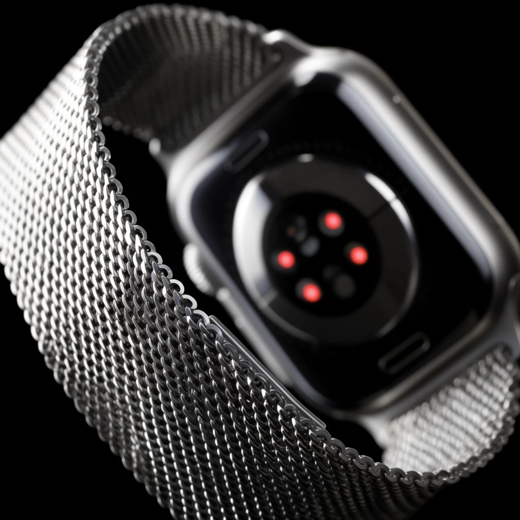 macro product photography of a modern smartwatch, fine woven silver metal mesh strap curling in the foreground, razor-sharp focus on the interlocking metallic links, deeply blurred watch casing in the background, circular sensor array with four glowing red optical lights, dark tinted glass, pitch black background, dramatic studio lighting, sleek industrial design, extreme shallow depth of field, high contrast