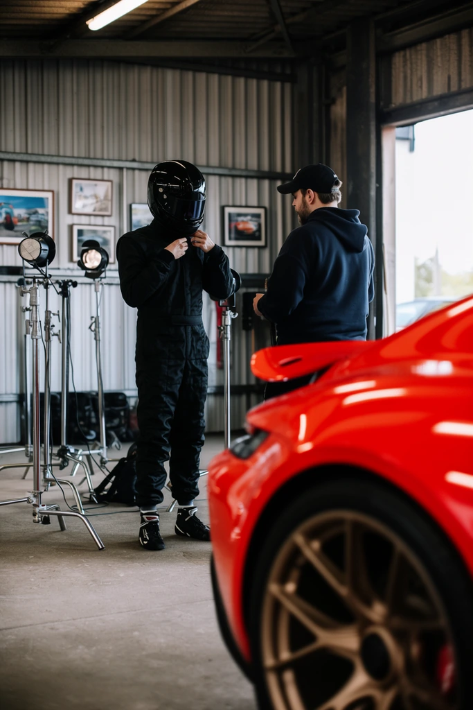 two figures in an industrial garage in sharp focus, person in a full black racing suit and glossy helmet adjusting gear, second person in a dark hoodie and baseball cap, corrugated metal walls with framed pictures, professional studio lighting on C-stands, prominent out-of-focus bright red sports car filling the right foreground, bronze-toned alloy wheels, shallow depth of field, cinematic behind-the-scenes photography, natural daylight spill