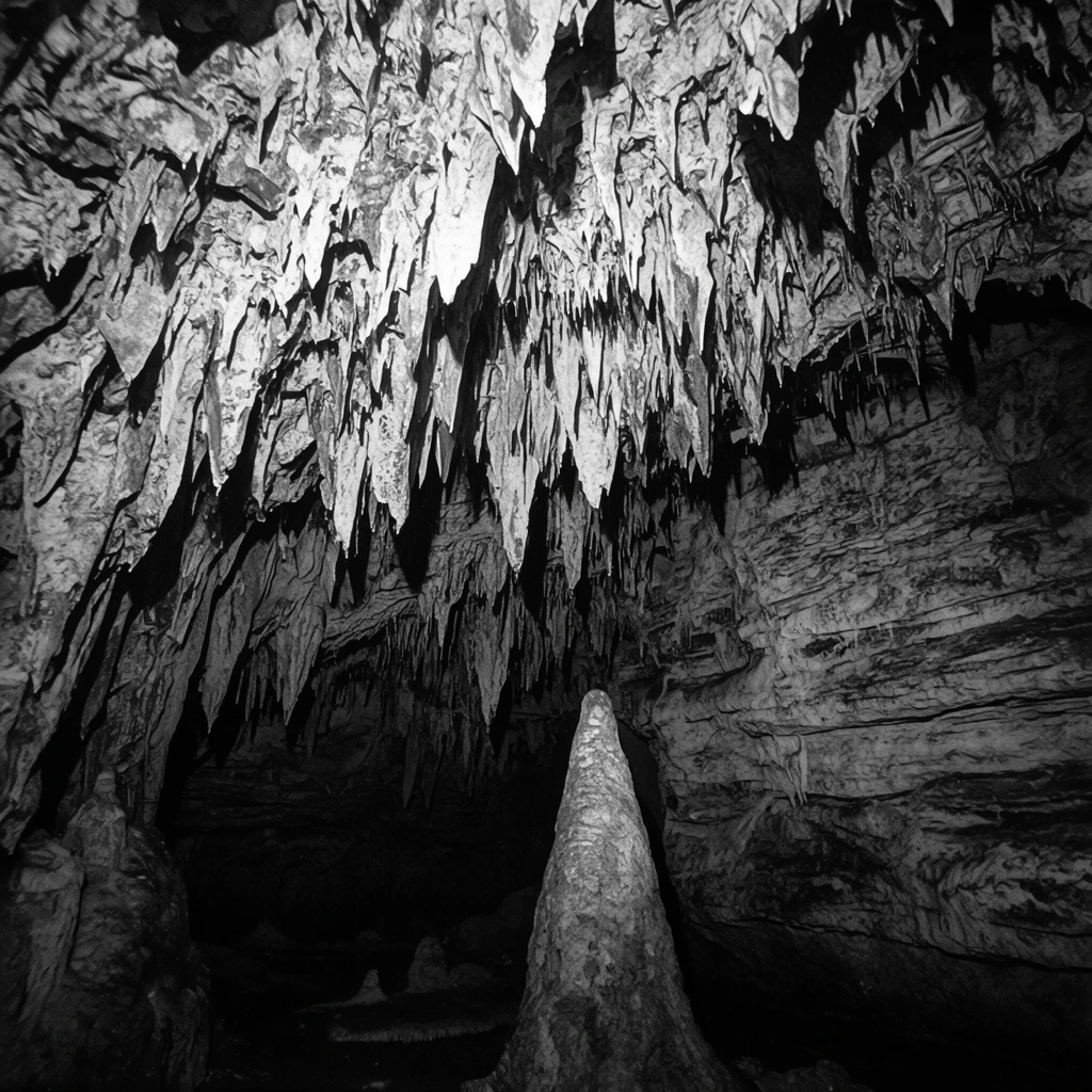 black and white photograph of a subterranean cave interior, dense canopy of sharp stone stalactites hanging from a rugged ceiling, jagged limestone formations, thick conical stalagmite rising from the dark cavern floor, textured rock walls with horizontal strata, stark high-contrast artificial spotlighting, bright white highlights on jagged stone surfaces, deep pitch-black shadows receding into the depths, sharp focus, wide angle perspective