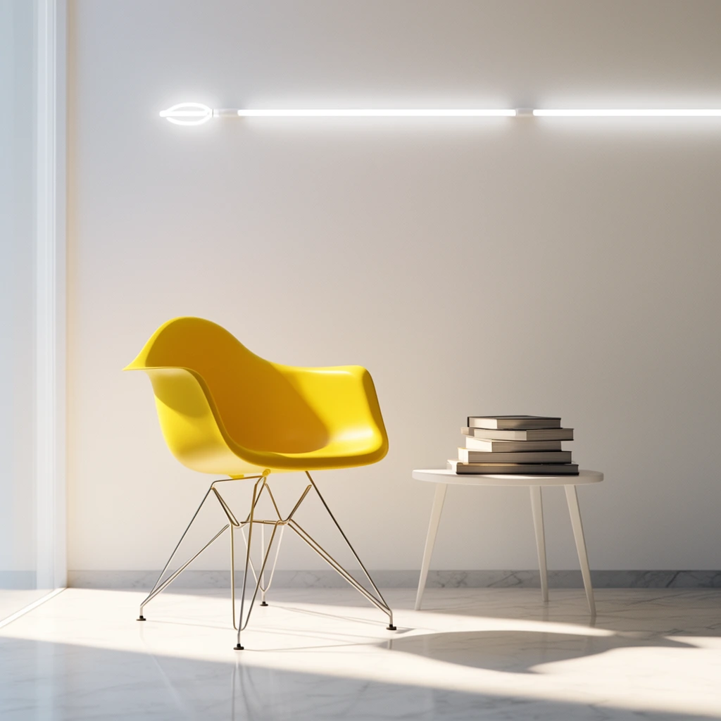 A minimalist room featuring a vibrant yellow molded plastic armchair with a geometric wire base next to a small white side table stacked with books. A glowing white neon tube light fixture stretches across the upper plain white wall. Strong directional sunlight from the left casts sharp shadows over the smooth marble floor.