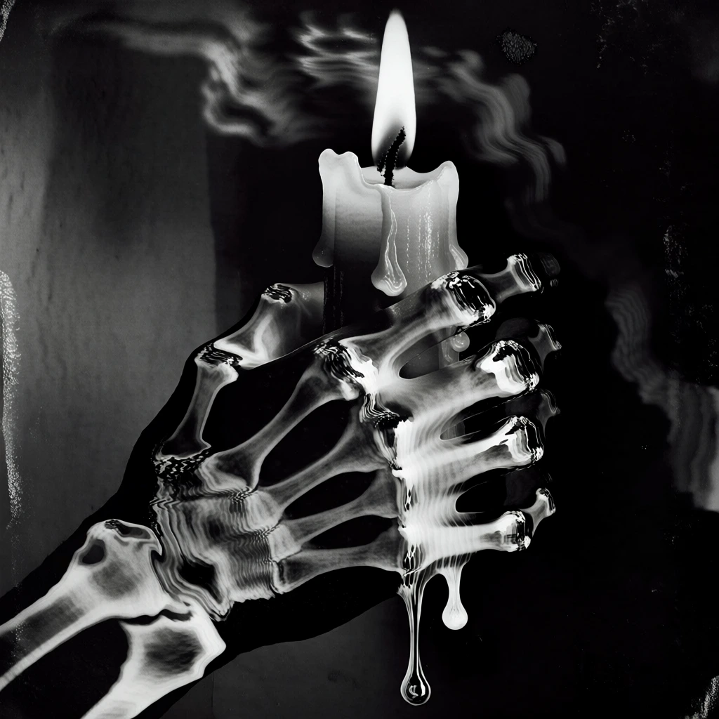 monochromatic liquid-refractive skeletal hand clutching a melting candle, tattered cloth wrist wrap appearing as ghostly translucent layers, anatomical metacarpals warped through viscous fluid dynamics, smeared ethereal flame and dripping wax, high-contrast chiaroscuro, undulating ripple artifacts, deep stygian void background, soft luminous highlights bleeding into pitch black, dreamlike refractive aberrations, 19th-century spirit photography aesthetic, haunting and surreal