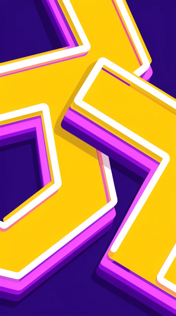 vibrant interlocking three-dimensional geometric forms, bright yellow front surfaces, layered magenta and purple extruded edges, thick crisp white outline strokes, smooth vector graphic style, solid dark indigo background, high-contrast pop color palette, sharp crisp angles, overlapping floating shapes, distinct flat drop shadows, bold digital composition