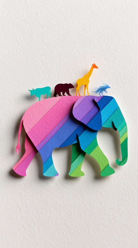 layered 3D paper-cut elephant walking, broad diagonal pink purple blue green rainbow stripes, textured off-white paper background, small vividly colored animal silhouettes standing on its back, turquoise bull, dark maroon bear, yellow-orange giraffe, wispy blue creature, pronounced drop shadows, tactile craft aesthetic, minimalist composition