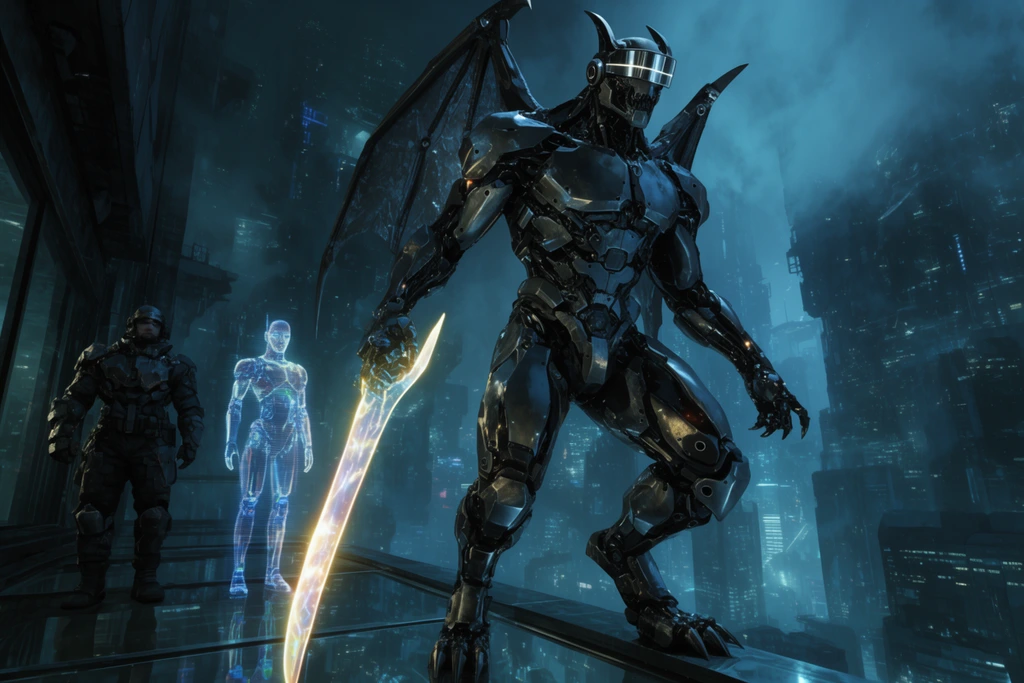 A towering cyborg gargoyle wearing a chrome visor wields a glowing energy glaive while standing on a glass parapet. To the left, a heavily armored companion and a holographic android observe from the shadows. The background reveals a sprawling cyberpunk mega-city engulfed in deep cyan atmospheric fog. Cinematic wide-angle framing, dramatic low-angle perspective, and high-contrast nighttime lighting.