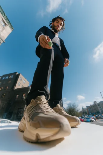 Dynamic Surrealist Streetwear style reference image — extreme low-angle perspective