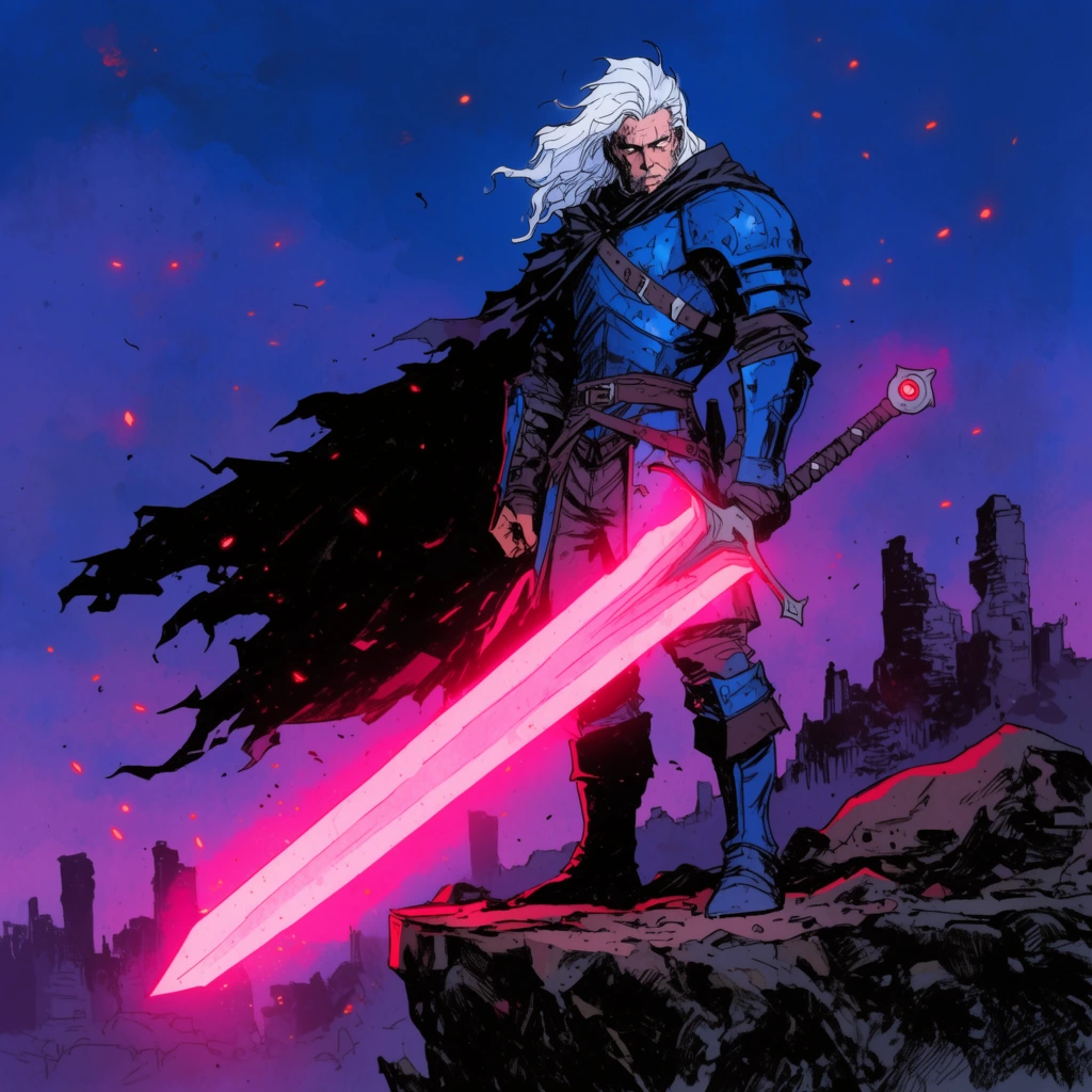 A comic-style illustration of a white-haired warrior in blue armor and a tattered dark cape standing on a rocky cliff. He grips a massive broadsword emitting an intense glowing neon-pink light. The backdrop features ruined landscape silhouettes under a deep blue and purple twilight sky with drifting red embers, rendered with heavy ink lines and vibrant contrast.