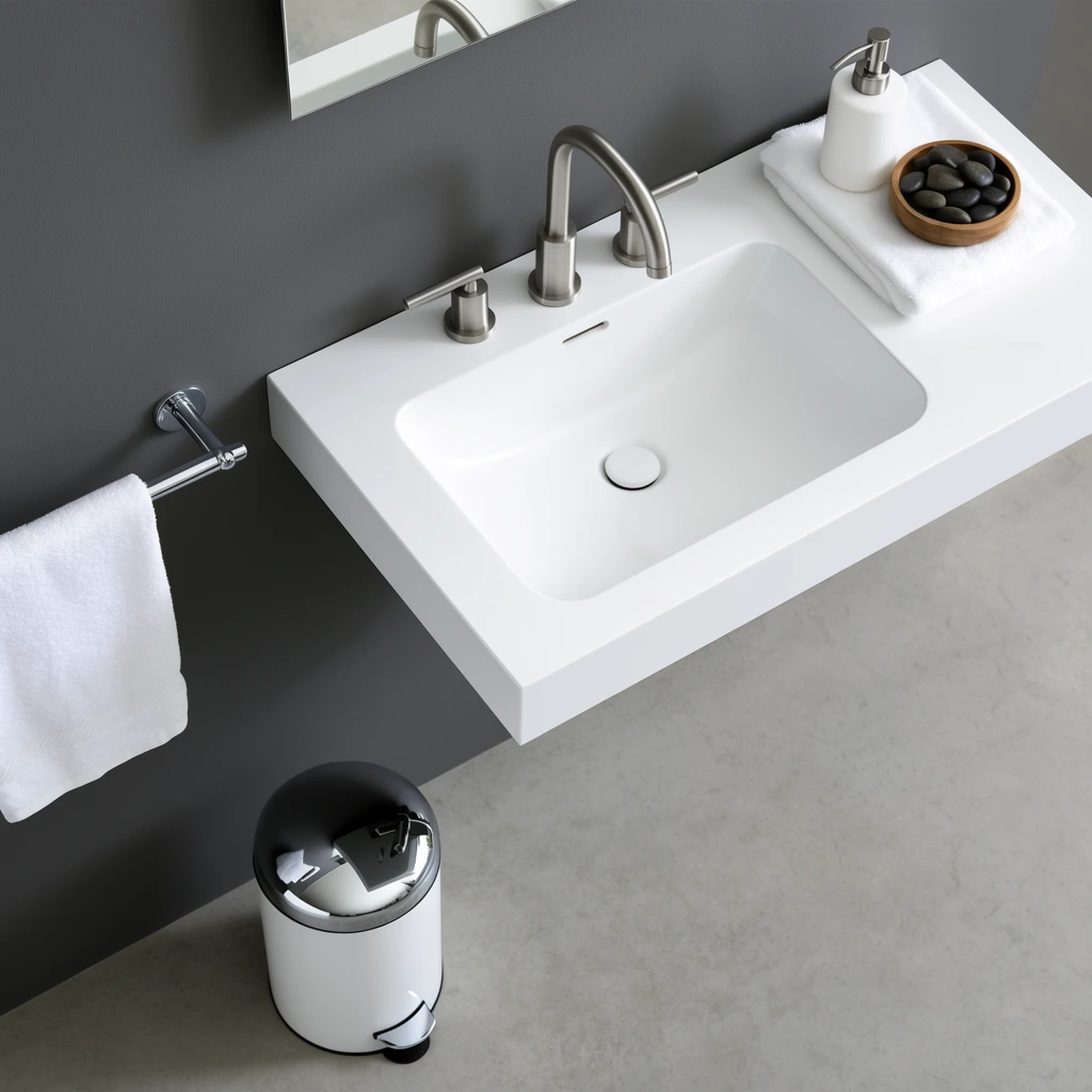 A steep high-angle view of a minimalist white bathroom vanity floating against a matte dark gray wall. The crisp rectangular sink basin features rounded interior corners and a curved brushed steel faucet with dual cylindrical handles. To the right of the sink, a folded white towel sits beneath a white soap dispenser and a small wooden bowl filled with smooth dark river stones. A chrome wall bar on the left holds a neatly draped white hand towel, while the bottom edge of a mirror is partially visible at the top. Below the vanity, a white step trash can with a highly reflective domed chrome lid and a black foot pedal rests on a light gray concrete floor. The interior photography utilizes soft, diffused studio lighting to emphasize geometric purity, pristine surfaces, and a stark grayscale color palette accented by shiny metallic finishes.