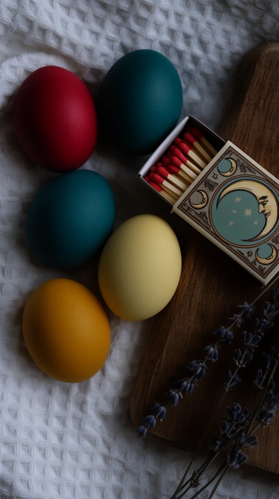 Top-down still life of matte eggs dyed in crimson, teal, mustard, and pale yellow on a white waffle-weave cloth. A wooden board holds an open matchbox of red-tipped matches featuring vintage crescent moon illustrations. Dried lavender stems rest nearby under moody, diffused lighting.