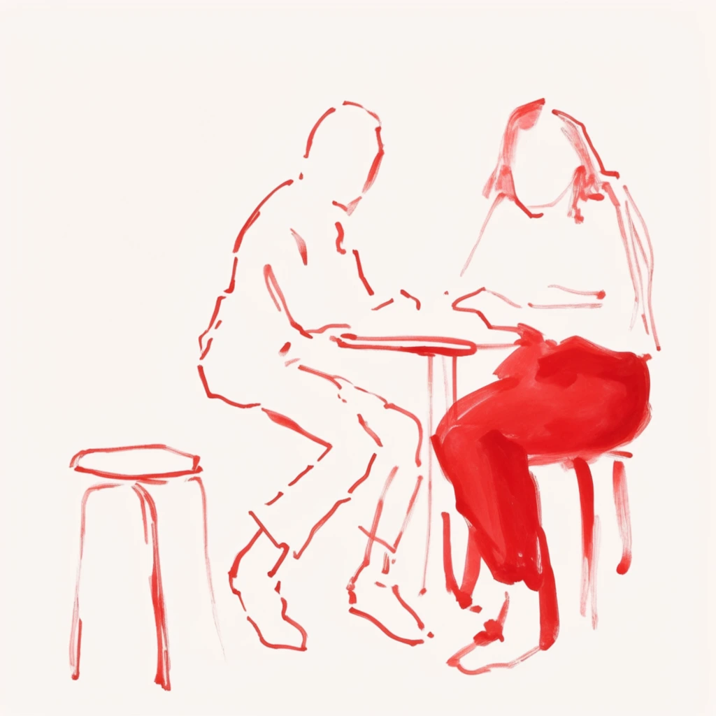 A minimalist red gestural line drawing on an off-white background featuring two faceless figures seated at a small table. The right figure features a solid red lower body and loosely outlined torso. The left figure leans forward, rendered entirely in broken contour lines. A simple empty stool rests nearby. Expressive, varying brushstrokes create a loose, airy, and unfinished aesthetic.