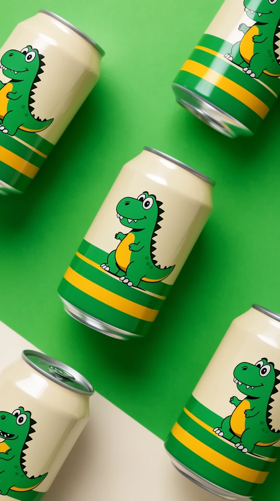 Five aluminum beverage cans scatter across a diagonally split bright green and off-white surface in a flat lay composition. The cream-colored cans feature bold green and yellow bands alongside a green cartoon dinosaur illustration. Overhead studio product photography with crisp lighting and soft shadows.