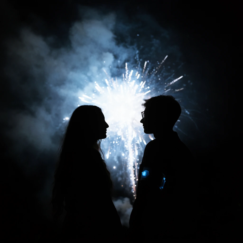 Silhouettes of two figures facing each other in profile, brilliant white and pale blue fireworks exploding directly between them in a dark night sky, extreme backlighting, left figure with long hair, right figure with short hair and glasses, faint glowing blue armband, dark smoky clouds surrounding the bright light burst, pitch black foreground, high contrast low key photography, romantic cinematic atmosphere