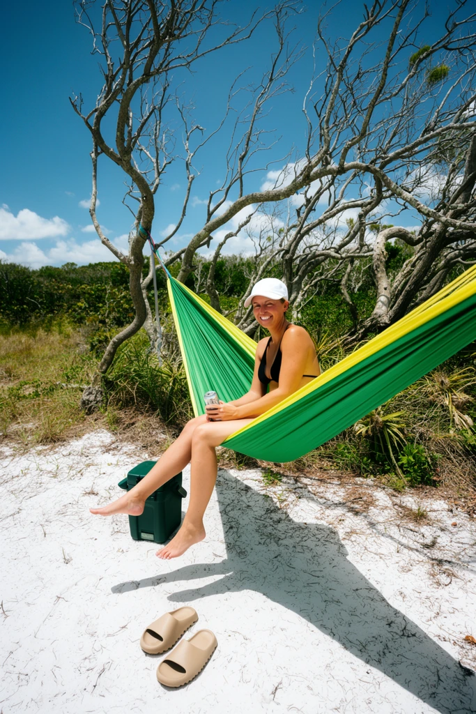 smiling woman in a black bikini and white cap lounging in a vivid green and yellow nylon hammock, holding a silver can, barefoot legs dangling over white sand, tan slide sandals below, dark green cooler nearby, hammock suspended between twisted bare trees, coastal green scrub vegetation in background, bright blue sky with scattered white clouds, harsh midday sunlight, strong cast shadow on the ground, vibrant high-contrast photography
