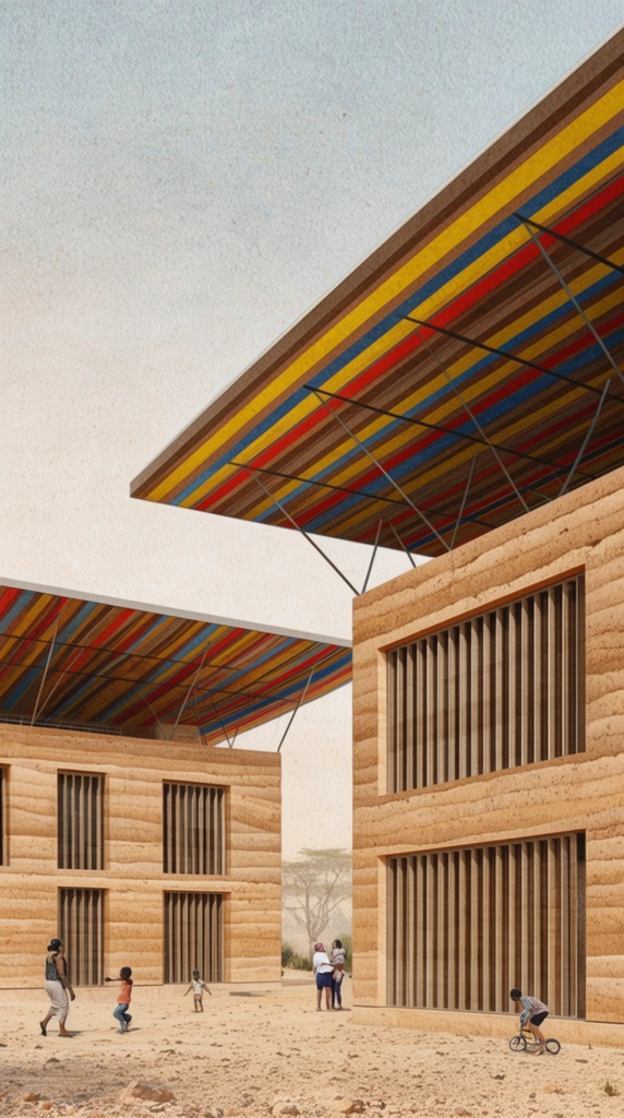 Two rammed earth buildings in an arid landscape feature horizontal layered walls and vertical slatted windows. Massive overhanging roofs supported by thin metal struts display vibrant stripes of yellow, red, blue, and brown. Small figures walk and play in the sandy foreground. Textured architectural rendering style under a pale sky.