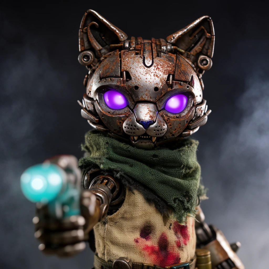 Post-apocalyptic mechanical feline designer toy with rusty metallic ears and glowing purple eyes. It wears a tattered green cowl and stained tunic. One arm extends toward the camera as an out-of-focus glowing cyan blaster. Macro photography, dramatic lighting, smoky background.