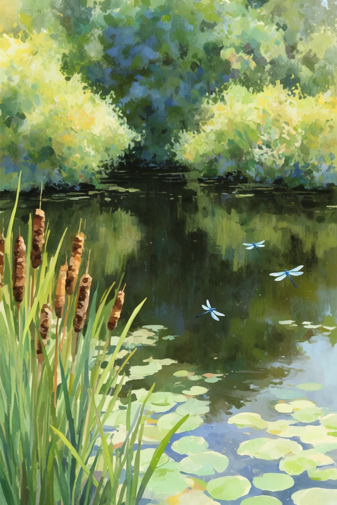 Three pale blue dragonflies with delicate wings hover above the dark, still water of a secluded pond. Tall green grasses and textured brown cattails emerge in the left foreground beside scattered light green lily pads. The water's surface reflects a dense background canopy of lush trees and bushes, colored in vibrant greens, soft yellows, and shadowed blues. The scene features a painterly, impressionistic aesthetic mimicking traditional watercolor or gouache, defined by visible, expressive brushstrokes, dappled sunlight, and a serene, harmonious atmosphere.