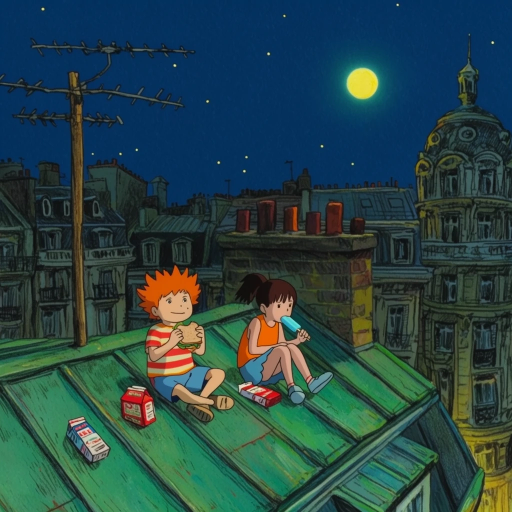 two children on a city rooftop at night, boy with spiky orange hair in a striped shirt eating a sandwich, girl in an orange top and blue skirt eating a popsicle on a slanted green roof, deep blue sky with a bright yellow moon and stars, textured hand-drawn animation style, sketchy outlines, dense city buildings with chimneys and an ornate domed tower, wooden pole with TV antenna, scattered cartons, vibrant colors, hatched shading