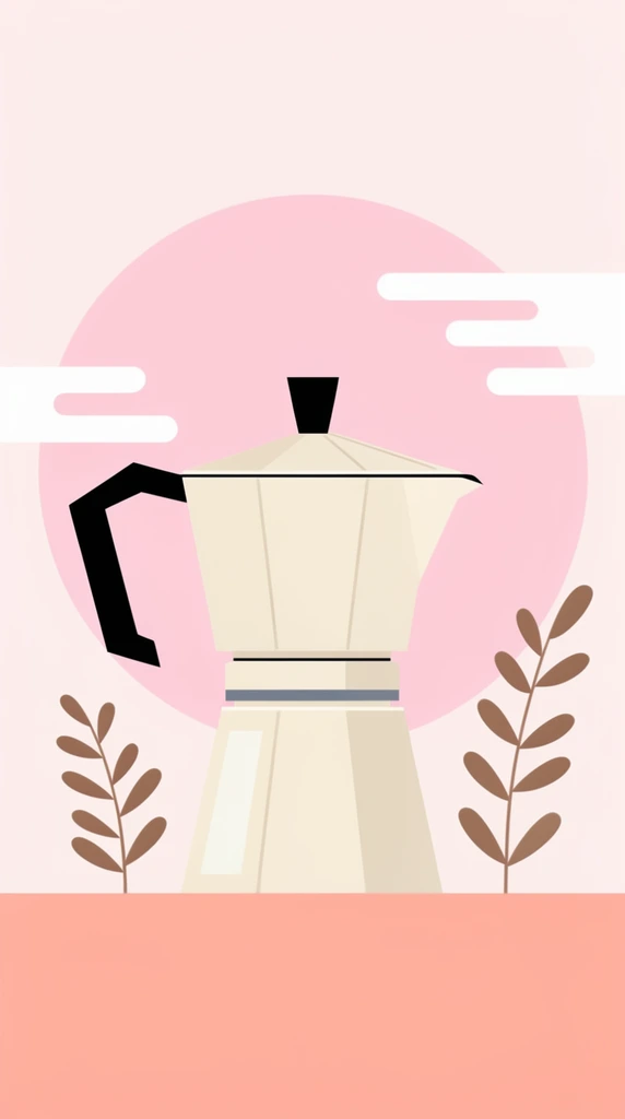 flat vector illustration of a cream moka pot, black angular handle, flanking minimalist brown plants, horizontal salmon baseline, large pink circular background, stylized pill-shaped clouds, pastel palette, clean geometric shapes
