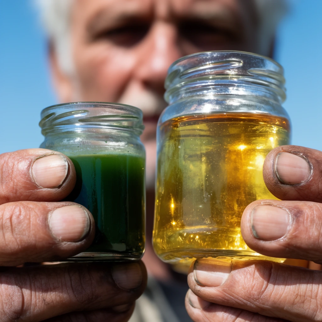 Two glass jars held by weathered hands in extreme close-up, small left jar containing opaque dark green liquid, larger right jar filled with translucent golden fluid catching sunlight, unmanicured fingernails, highly out-of-focus face of a man in the background, clear blue sky, extreme shallow depth of field, bright natural daylight, macro photography