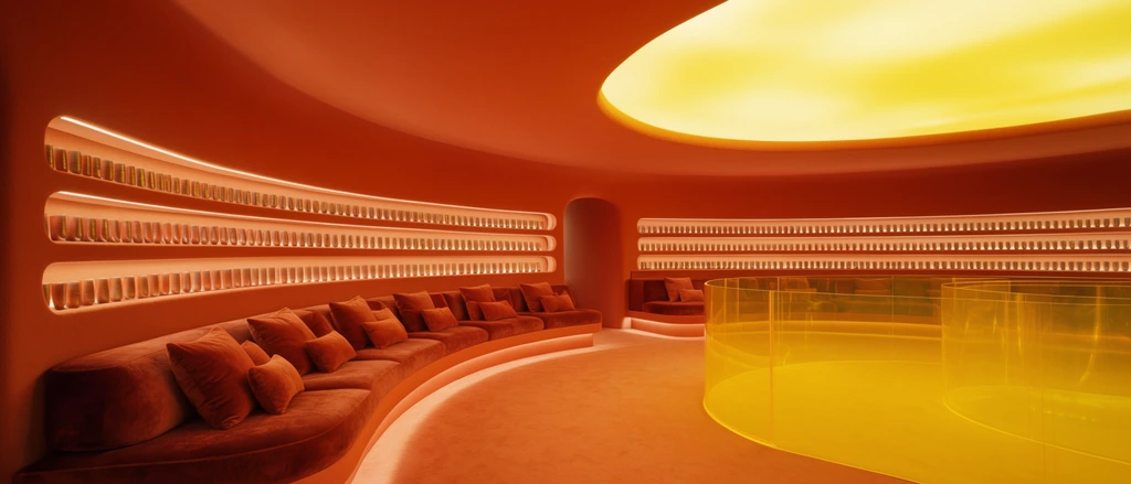 A retro-futuristic monochromatic terracotta lounge features sweeping curved walls and built-in tiered velvet seating lined with matching pillows. Recessed horizontal shelving glows with warm strip lighting, illuminating continuous rows of uniform objects. A massive oval ceiling cutout casts a diffused, radiant yellow light over the immaculate space. In the right foreground, a translucent yellow curved acrylic barrier forms a luminous circular enclosure. The wide-angle cinematic perspective highlights the seamless space-age architectural aesthetic and vibrant color palette.