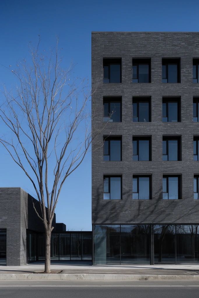 A modern multi-story dark grey brick building stands prominently against a clear blue sky. The flat facade features a rigid grid of recessed rectangular windows. In the left foreground, a tall leafless tree casts sharp shadows onto the glass-enclosed ground floor. A secondary brick structure sits to the left, joined by a single-story glass corridor. A paved street and concrete curb span the bottom edge. Crisp architectural photography emphasizes strict vertical lines, stark textural contrast, and bright directional daylight.